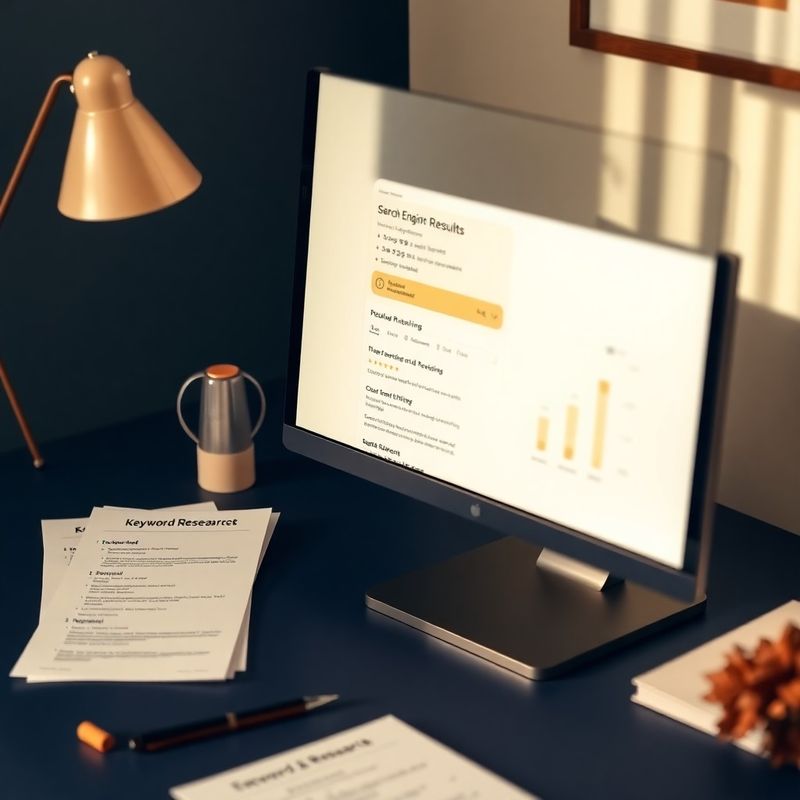 Schermo con SERP di Google e fogli di keyword research
