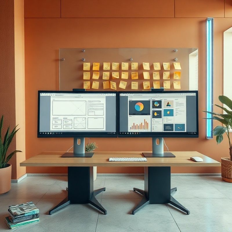 Postazione di design con doppio monitor e wireframe UI