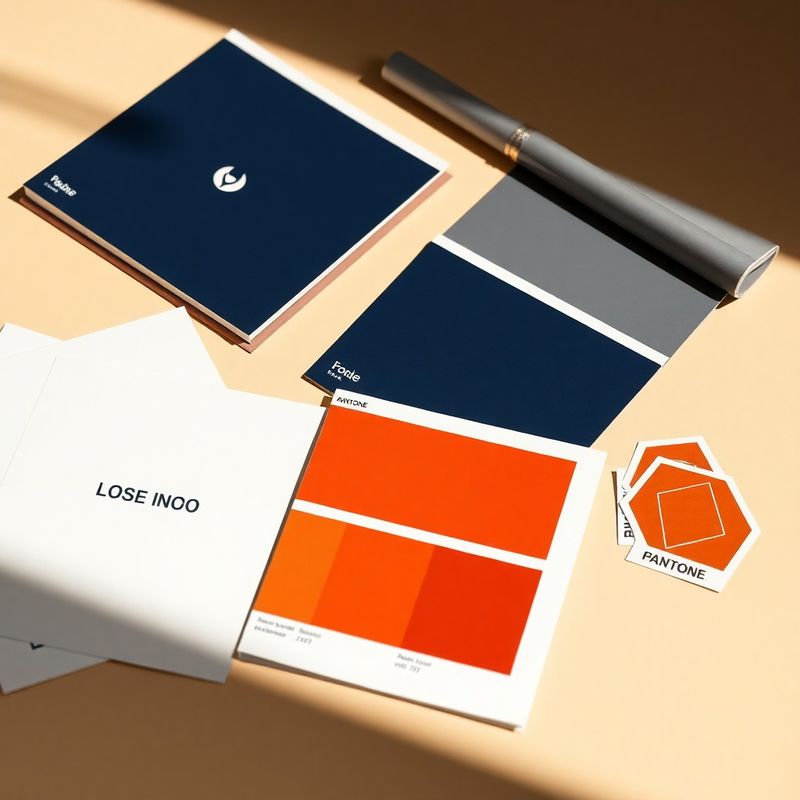 Materiali di brand identity: stampe logo, mazzetta Pantone indigo